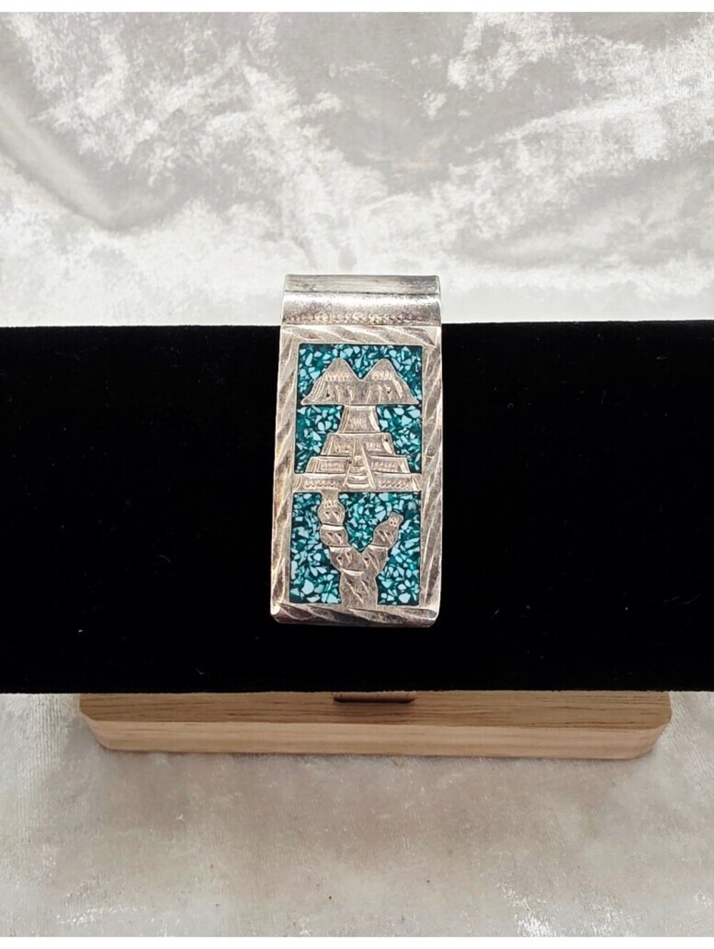 Vintage Alpaca Mexico Turquoise Inlay Money Clip Pyramid Cactus Design